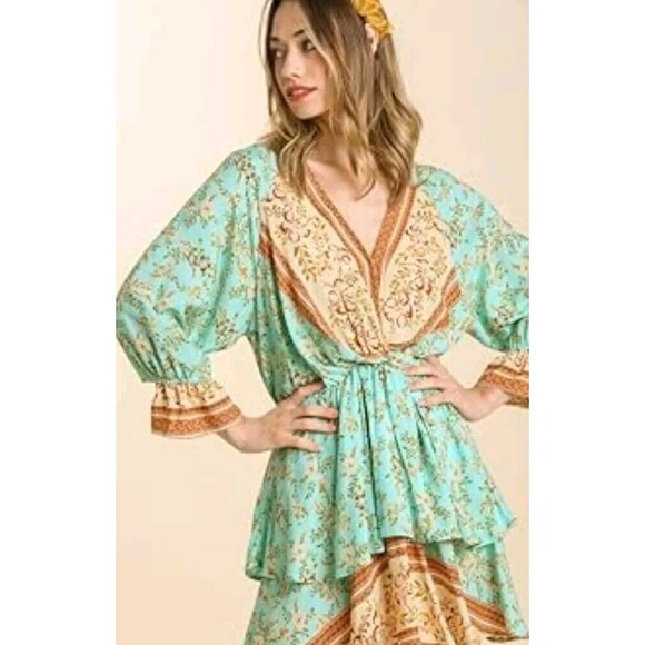 Umgee Floral Boho Layered Midi Dress Size LG Teal Bell Sleeve Border Print Gypsy - Picture 2 of 6